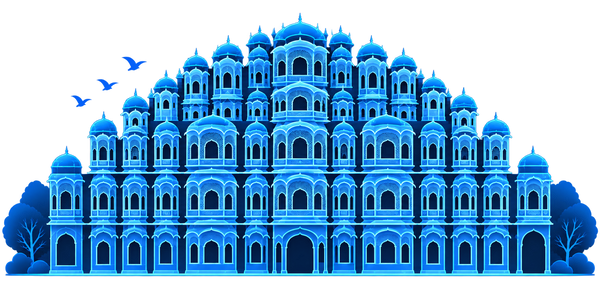 A stylized blue illustration of a large domed palace or zariya-style building with arched windows, set against a light gray background with two small birds and dark blue trees on the sides.
