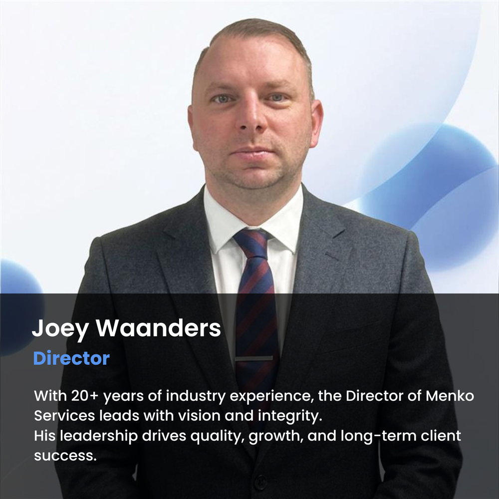 Man in a suit with text about Joey Waanders, Director of Menko Services