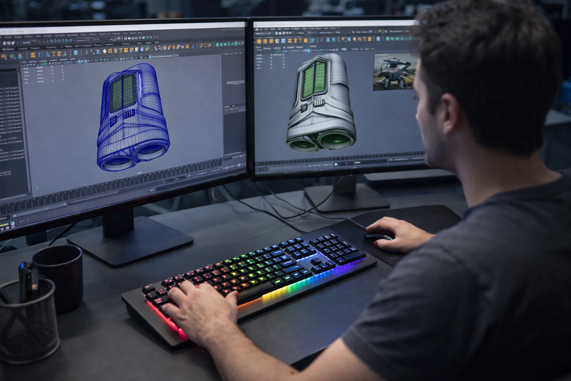 Designer creating a 3D product model and render on dual monitors for product development and visualization