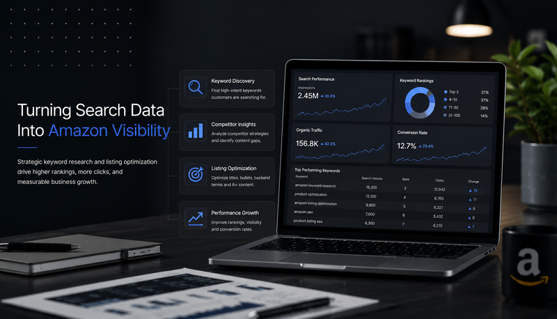 A dark, professional digital mockup showing a laptop and floating UI panels about Amazon search data analysis and keyword research. Large text on the left reads 'Turning Search Data Into Amazon Visibility.
