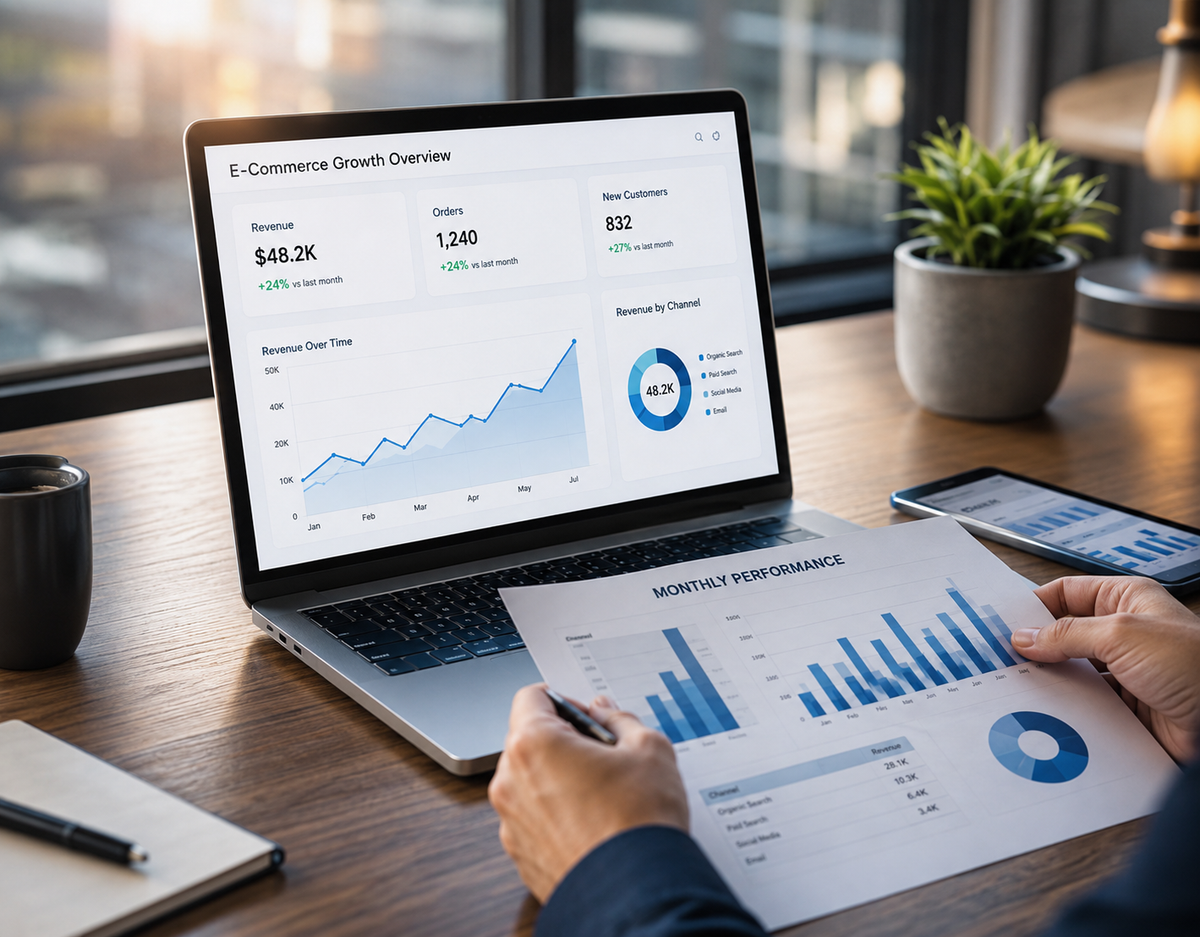 Person analyzing financial reports on a laptop and tablet with a desk setup.
