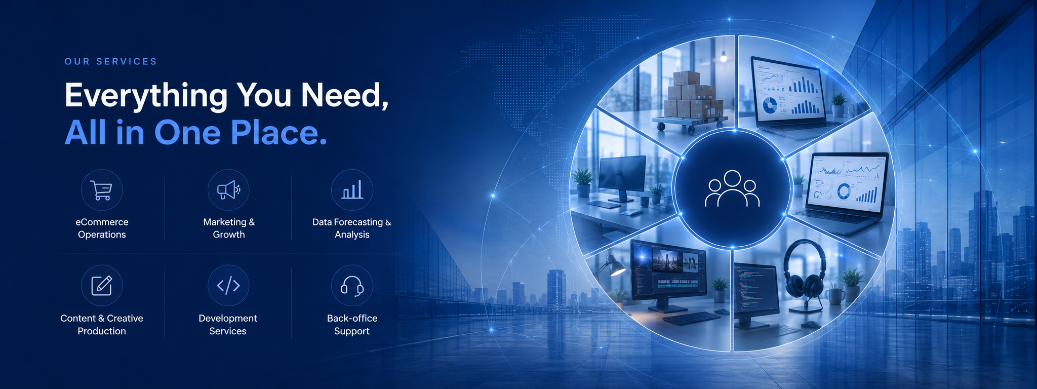 Promotional banner with text 'Everything You Need, All in One Place' and icons of services.